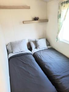 two beds in a small room with a window at Blue Dolphin Holiday Park in Gristhorpe