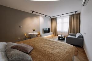 um quarto com uma cama, um sofá e uma televisão em Cherry Apartment em Bratislava