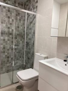 een badkamer met toilet, douche en wastafel bij Apartamento Rota Progreso 5 in Rota