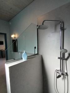 a shower in a room with a glass wall at Studio Bella in Ancient Epidauros