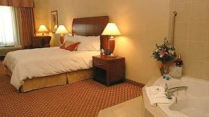 - une chambre d'hôtel avec un lit et une baignoire dans l'établissement Hilton Garden Inn Victorville, à Victorville