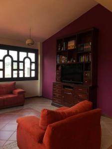 a living room with a couch and a tv at Casa Lídxi Beexha in Santa María Azompa