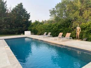 a swimming pool with lounge chairs and a statue at Château Saint-Pierre de Mejans in Puyvert