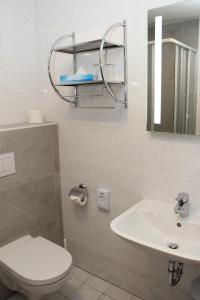 a bathroom with a white toilet and a sink at Pension Der kleine Nachbar in Gotha