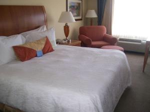 um quarto de hotel com uma cama e uma cadeira em Hilton Garden Inn Albany em Albany