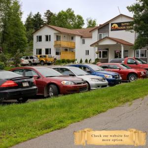 kilka samochodów zaparkowanych na parkingu w obiekcie Hotel Robin Hood w mieście Grand Falls-Windsor