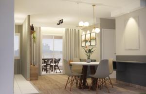 a kitchen and dining room with a table and chairs at Apartamento 1604 no Bosque com um quarto sala cozinha completa e uma vaga de garagem in Campinas