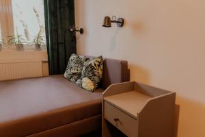 una scatola seduta su un divano in una stanza di Salix Apartment a Brodnica
