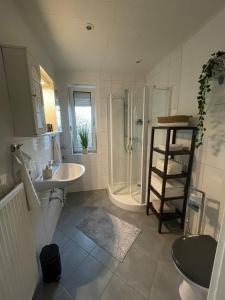 a bathroom with a sink and a shower and a toilet at Behagliches Haus mit Kamin in Rechtsupweg