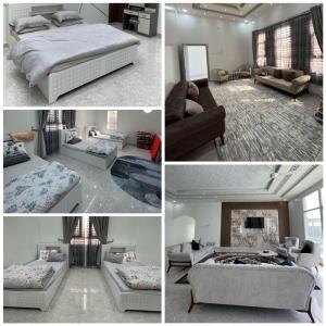 a collage of four pictures of a bedroom at Al Saad chalet in Al Ashkharah