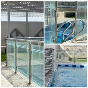 a swimming pool with a glass enclosure next to a swimming pool at Al Saad chalet in Al Sharqiyah +17 photos