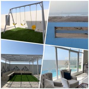 a collage of four pictures of a swing at Al Saad chalet in Al Ashkharah