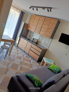 Una sala de estar con un sofá y una cocina. en Dom JAMAR - apartamenty, en Jastrzębia Góra