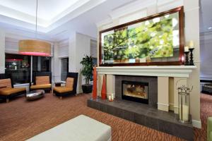 a living room with a fireplace and a large tv at Hilton Garden Inn Saint Charles in Saint Charles