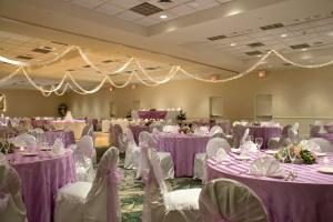 a banquet hall with purple tables and white chairs at Hilton Garden Inn Saint Charles in Saint Charles