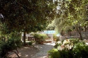 einen Garten mit einer Terrasse mit einer Bank und Bäumen in der Unterkunft Authentic Luxury Suite with collective Pool and Jacuzzi in Lorgues