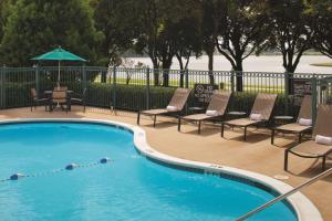 a swimming pool with lounge chairs and an umbrella at DoubleTree by Hilton Dallas-Farmers Branch in Farmers Branch