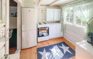 a kitchen with white appliances and a blue rug at Nice Home In bogen With House Sea View in Kongsvinger