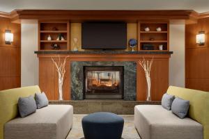 a living room with a fireplace and a tv at Hilton Garden Inn Tysons Corner in Tysons Corner