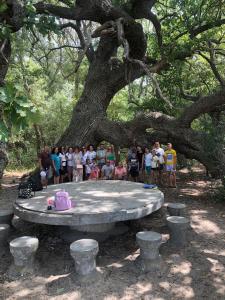 a group of people standing around a table under a tree at Casa Iris Murighiol in Murighiol