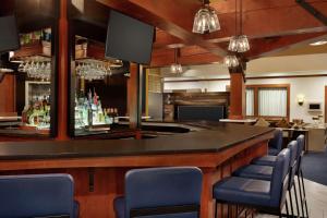 a bar in a restaurant with blue chairs at Embassy Suites by Hilton Denver International Airport in Denver