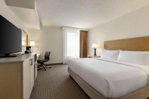 デンバーにあるEmbassy Suites by Hilton Denver International Airportの大型ベッドとテレビが備わるホテルルームです。 +37枚の写真