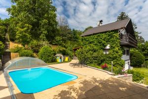 uma piscina num quintal ao lado de uma casa em Private summer house with swimming pool, beach bar and pit for football and volleyball em Hvězdonice