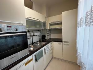 a small kitchen with a sink and a microwave at Borisz Apartman in Makó