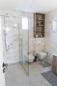 La salle de bains est pourvue d'une douche en verre et de toilettes. dans l'établissement Vila Nur Mostar, à Mostar