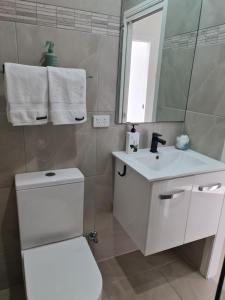 La salle de bains est pourvue de toilettes, d'un lavabo et d'un miroir. dans l'établissement Blue Lagoon Tropical Sanctuary, à Trinity Beach
