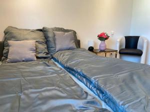 陶努斯山麓霍夫海姆的住宿－Luxury apartment with air conditioning & Jaccuzzi near Frankfurt Wiesbaden，一张带灰色床单的床、一把椅子和一张桌子
