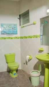 een badkamer met een groen toilet en een wastafel bij Mi Angeline in Sucre