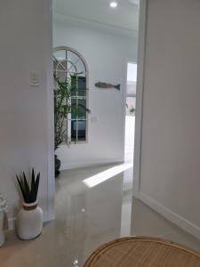 un couloir avec un miroir et une plante en pot dans l'établissement Blue Lagoon Tropical Sanctuary, à Trinity Beach