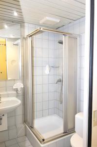 a bathroom with a shower and a sink at Hotel Restaurant Lohmühle in Bayreuth