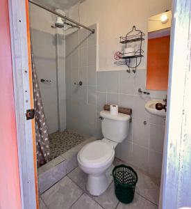a bathroom with a toilet and a shower at Gutierrez Hotel in Panajachel +39 photos