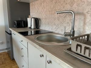 a kitchen counter with a sink and a sink at Sunny apartment in Vršac