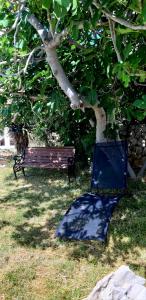 a park bench next to a tree with aarp under it at Family Apartment Miluna in Metajna