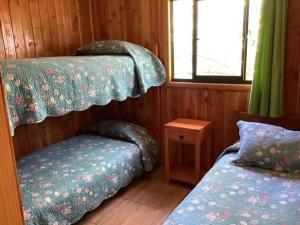 1 dormitorio con 2 camas y ventana en Cabañas Amatista Neltume, en Neltume