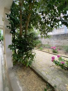 Un árbol sentado junto a una acera de ladrillos con flores. en Le Chanzy Proche des Thermes et de la Gare, en Rochefort
