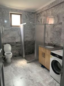 a bathroom with a toilet and a washing machine at Aydın Apart in Bostancı