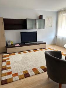a living room with a television and a rug at TheNest in Ventspils