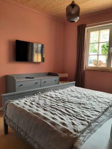 a bedroom with a bed and a tv on the wall at Landliebe, Luxus-Ferienhaus, 3 Schlafzimmer mit Sauna und Outdoor Whirlpool in Geierswalde