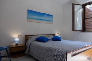 um quarto com uma cama com almofadas azuis e uma janela em Cav la Ginestra vistamare Elba em Rio nellʼElba