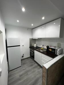 a kitchen with a white refrigerator and a microwave at La Chambre de Boris in Madrid