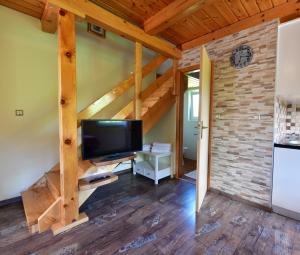 a living room with a flat screen tv on a wall at Apartments Marija in Rakovica