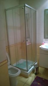 y baño con ducha, aseo y lavamanos. en Résidence Ghozlane, en Túnez