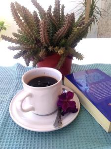 una taza de café en un plato junto a un libro en Habitación independiente colibrí en Aguascalientes