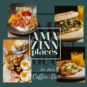 un collage de diferentes fotos de alimentos para el desayuno en Amazinn Places EVIapartments, en Valencia