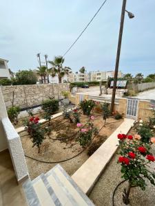 a view of a garden with flowers and a bench at Kydonia apartments in Plataniás