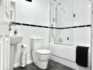 a white bathroom with a toilet and a shower at Riverview Apartment 2 bed, 2 bath, Free Parking / WiFi in Inverness